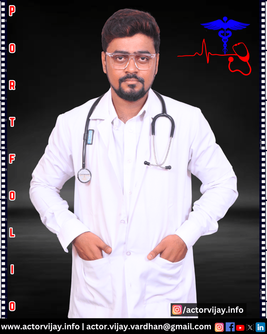 Man in a white lab coat with stethoscope, standing confidently, with medical symbols and contact info around him.