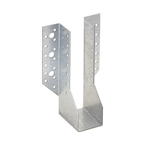 Metal joist hanger with perforated holes for screws; used in construction for supporting beams or joists.