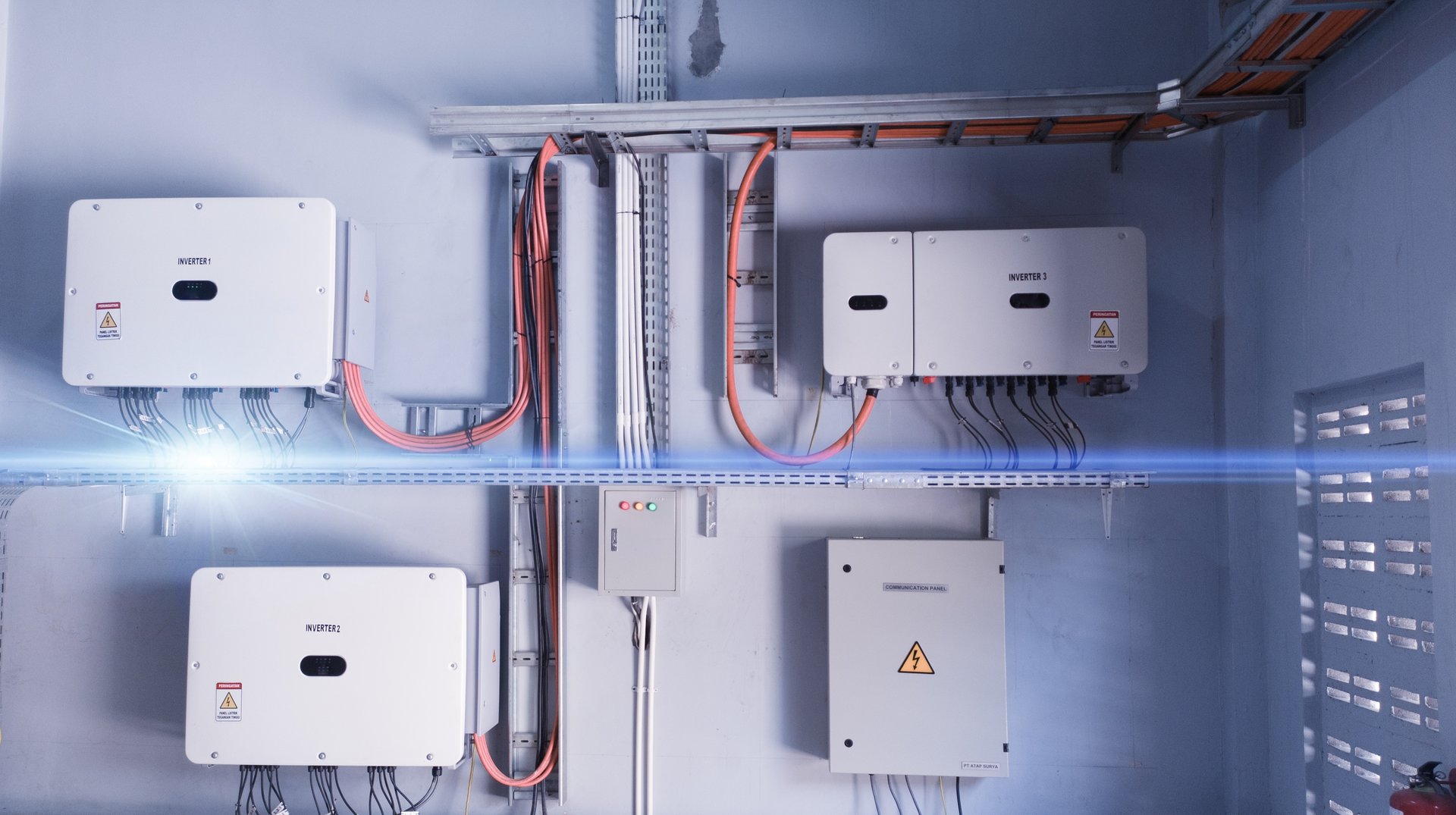 Instalation control of inverters solar panel on the wall. Technology of solar energy with shiny light.