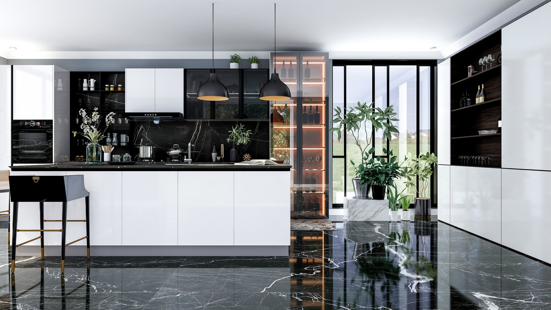 Black modern and luxury stylish kitchen room interior with kitchen island and black marble floor, 3D Rendering