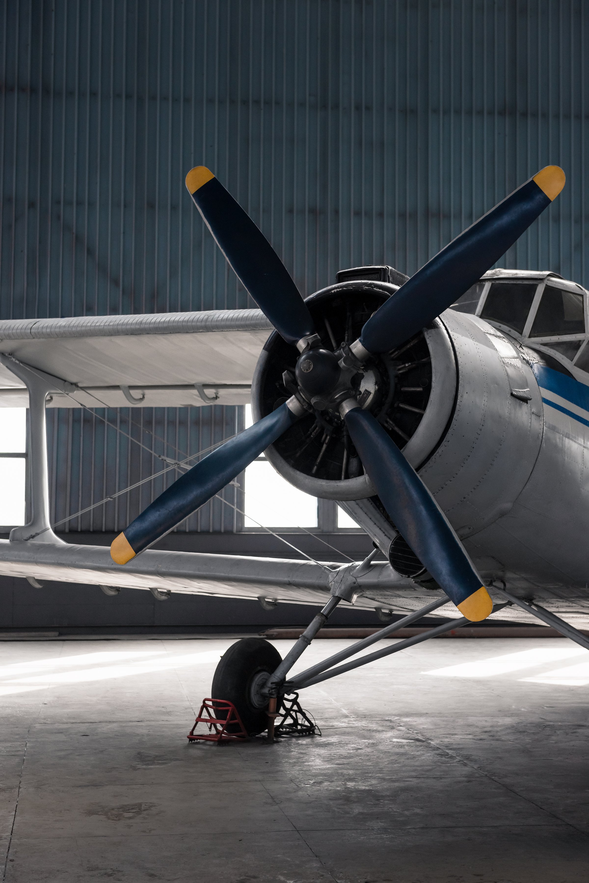 Front part of white airplane against blue wall with windows, bight sunlight shining from the back.