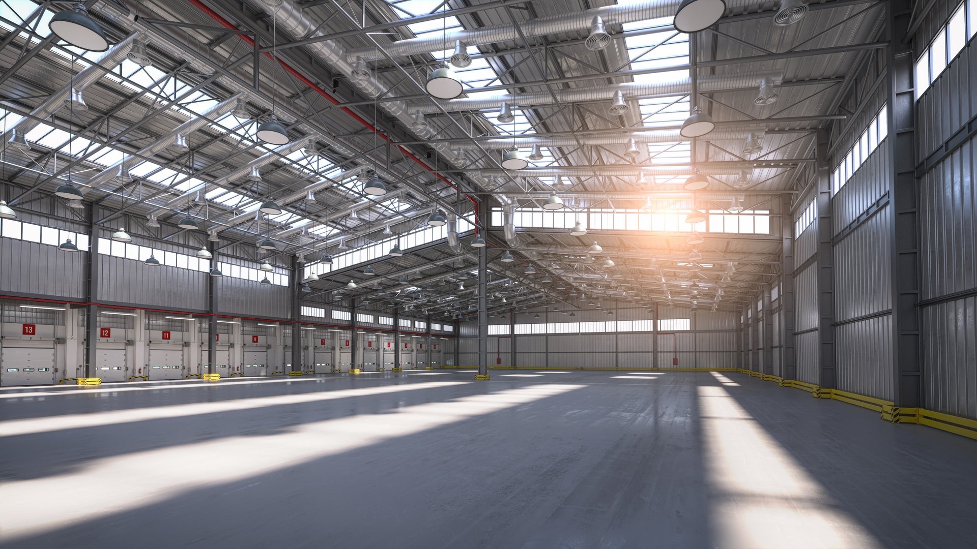 Empty warehouse or storehouse in daylight. 3d illustration