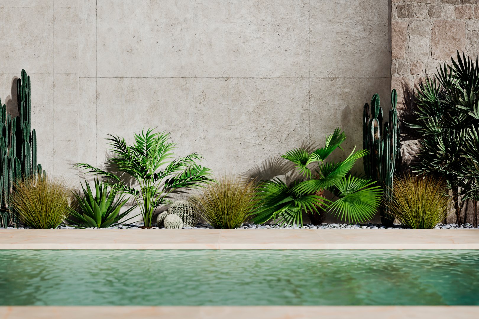 Luxury swimming pool and tropical garden in modern holiday resort villa. Poolside landscape design for vacation house. Desert architecture aesthetic. 3d rendering.