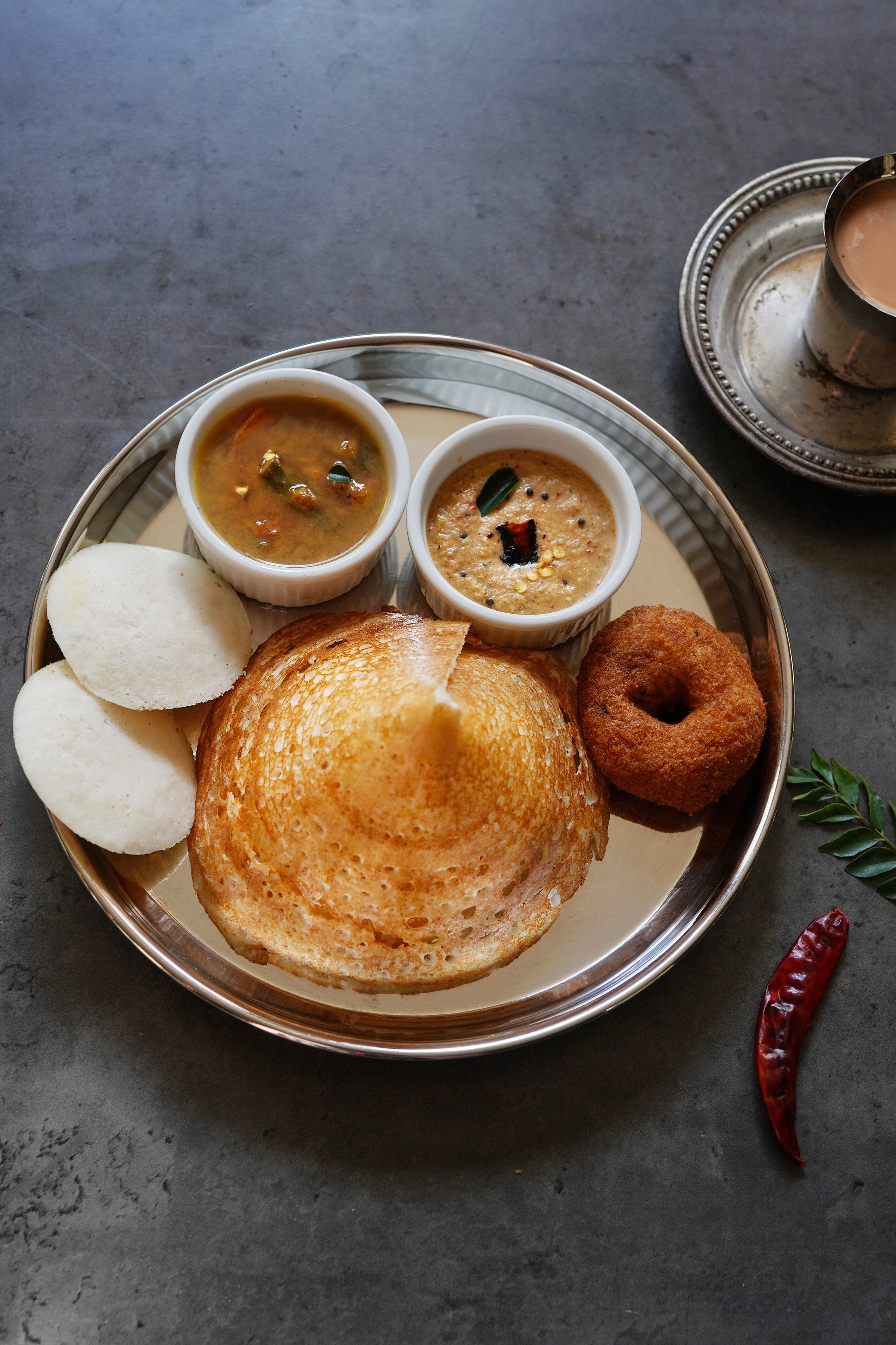South Indian masala dosa with sambar and chutney