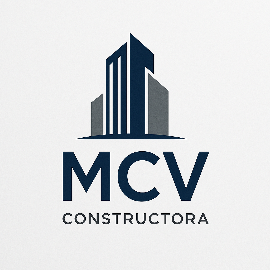 Logo of MCV Constructora featuring a stylized building silhouette above the company name in bold lettering.