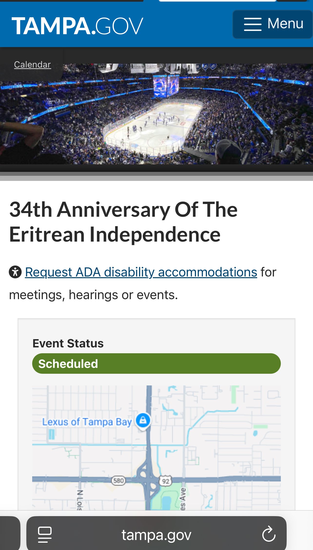 Tampa GOV webpage showing 34th Anniversary of Eritrean Independence event scheduled with a map location.
