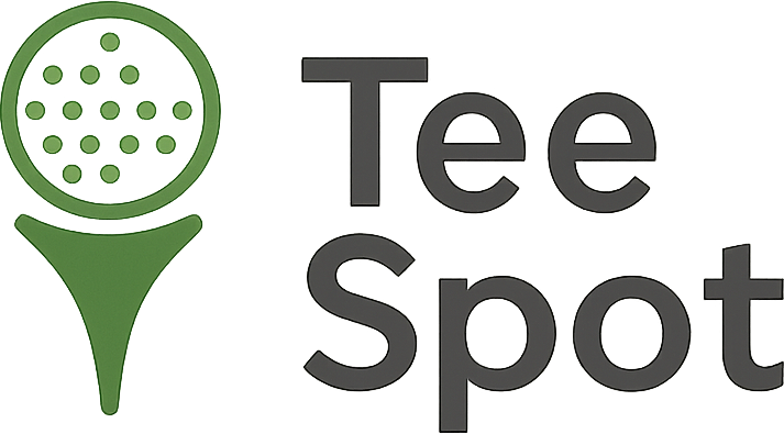 Logo with green golf tee and ball design next to the text Tee Spot on a blurred brown background.