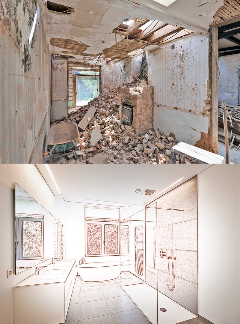 Drawing and planned Renovation of a bathroom Before and after
