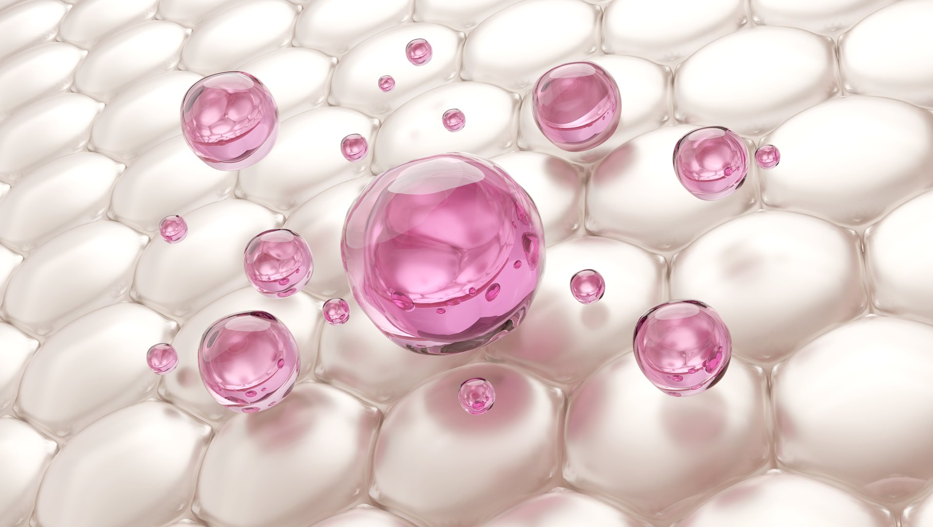 Pink PDRN serum drops on glowing pearl-like skin cells, showing whitening and skin barrier repair. For advanced brightening treatments. 3D illustration