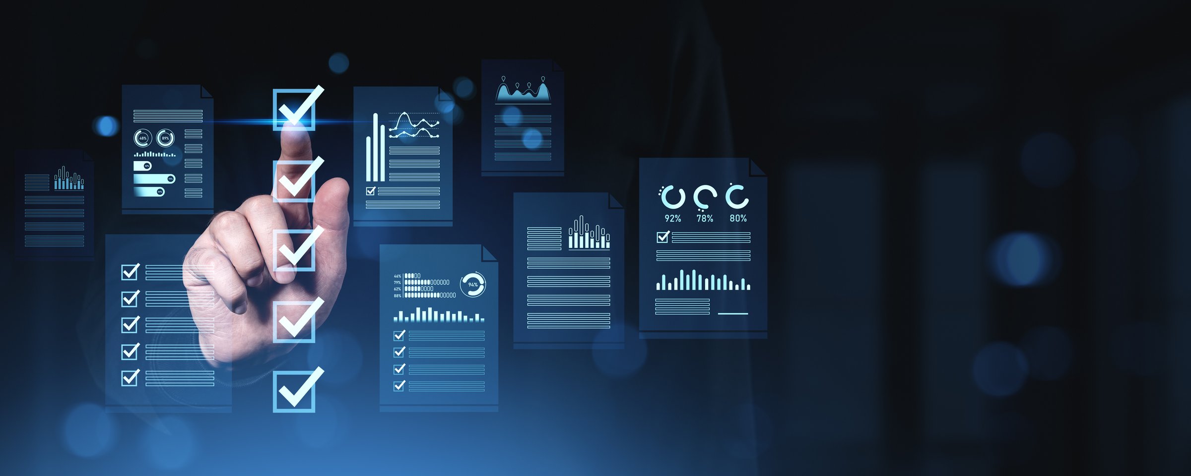 Human hand interacting with digital checklist and data sheets, futuristic graphic style, on a dark blue background, concept of data organization and planning