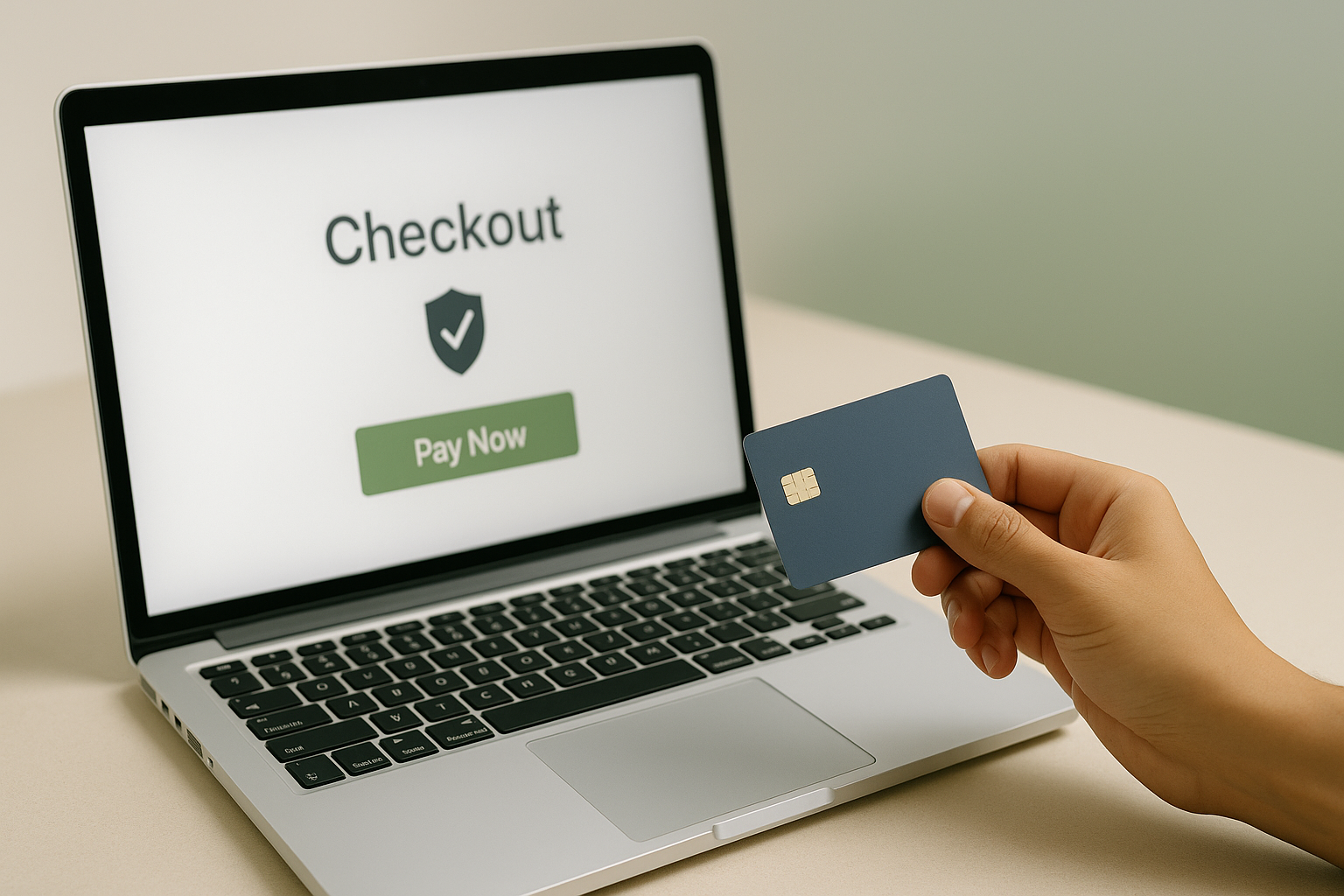 Person holding a credit card near a laptop displaying a checkout page with a Pay Now button.