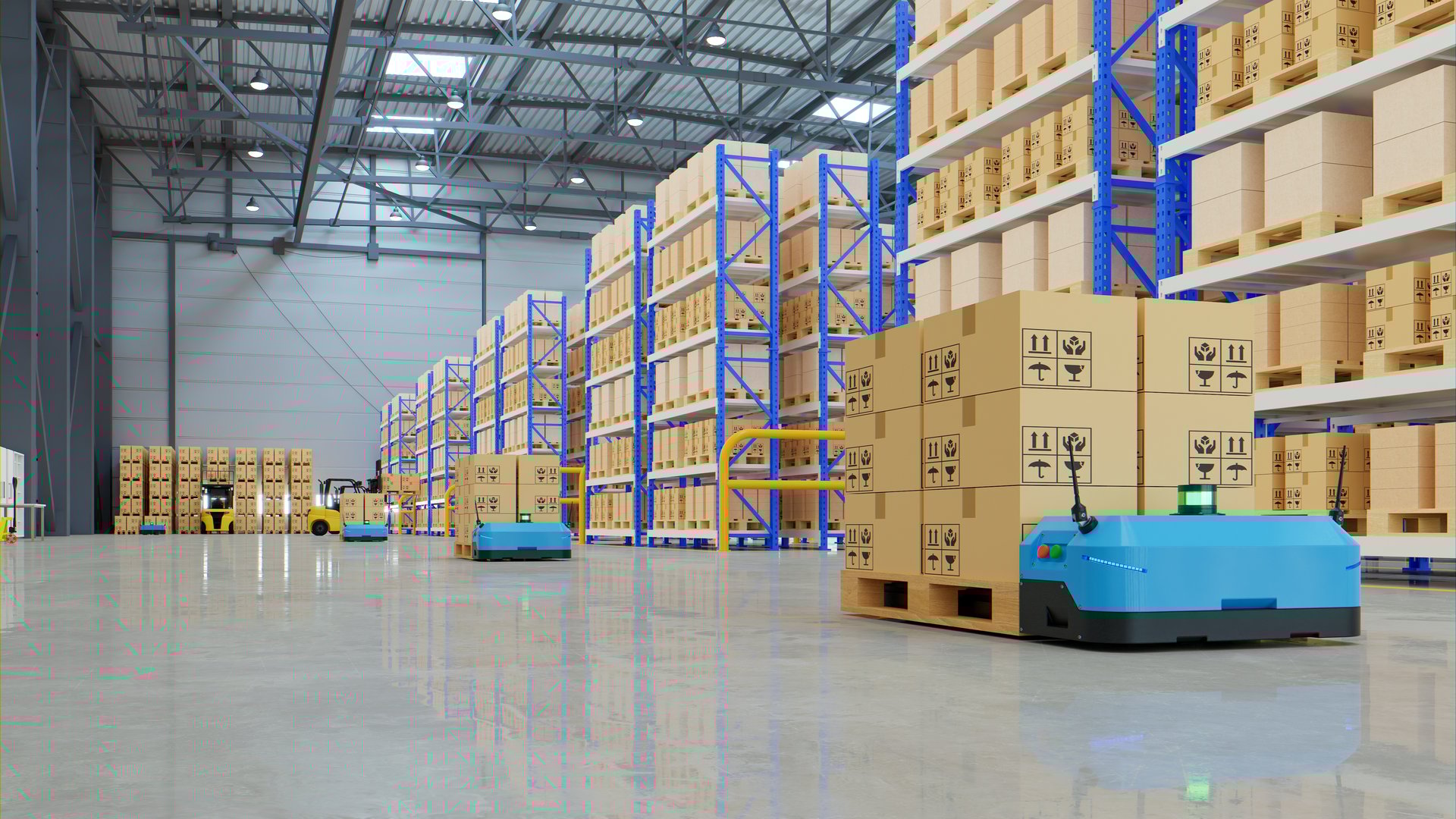 Robots efficiently sorting hundreds of parcels per hour,pallet lifter AGV.3d rendering