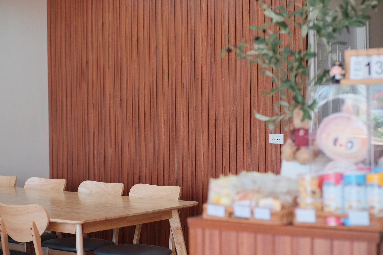 Wooden tables and atmosphere inside the cafe