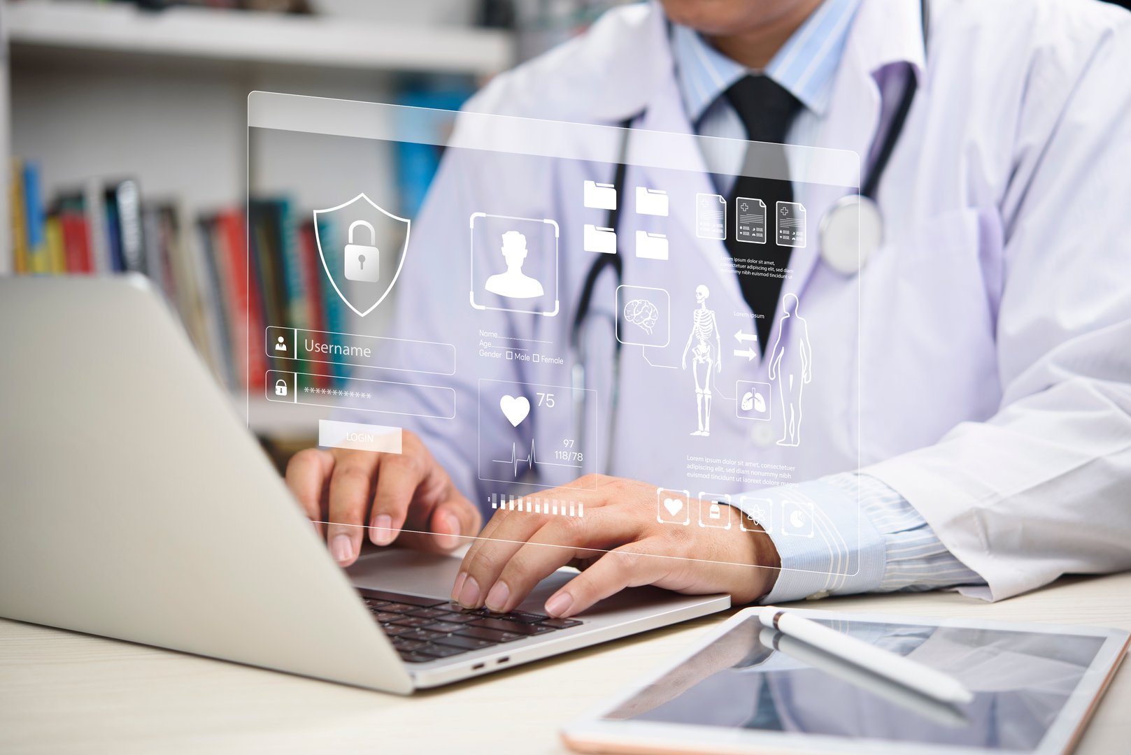 Medical entering password on virtual patient dashboard, data privacy, online medical records, and digital health innovation. healthcare cloud, secure EHR systems, HIPAA compliance, and telemedicine