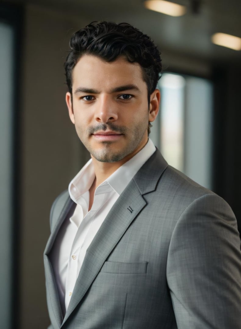 Man in a gray suit with a white shirt stands in a modern office, looking confidently at the camera.