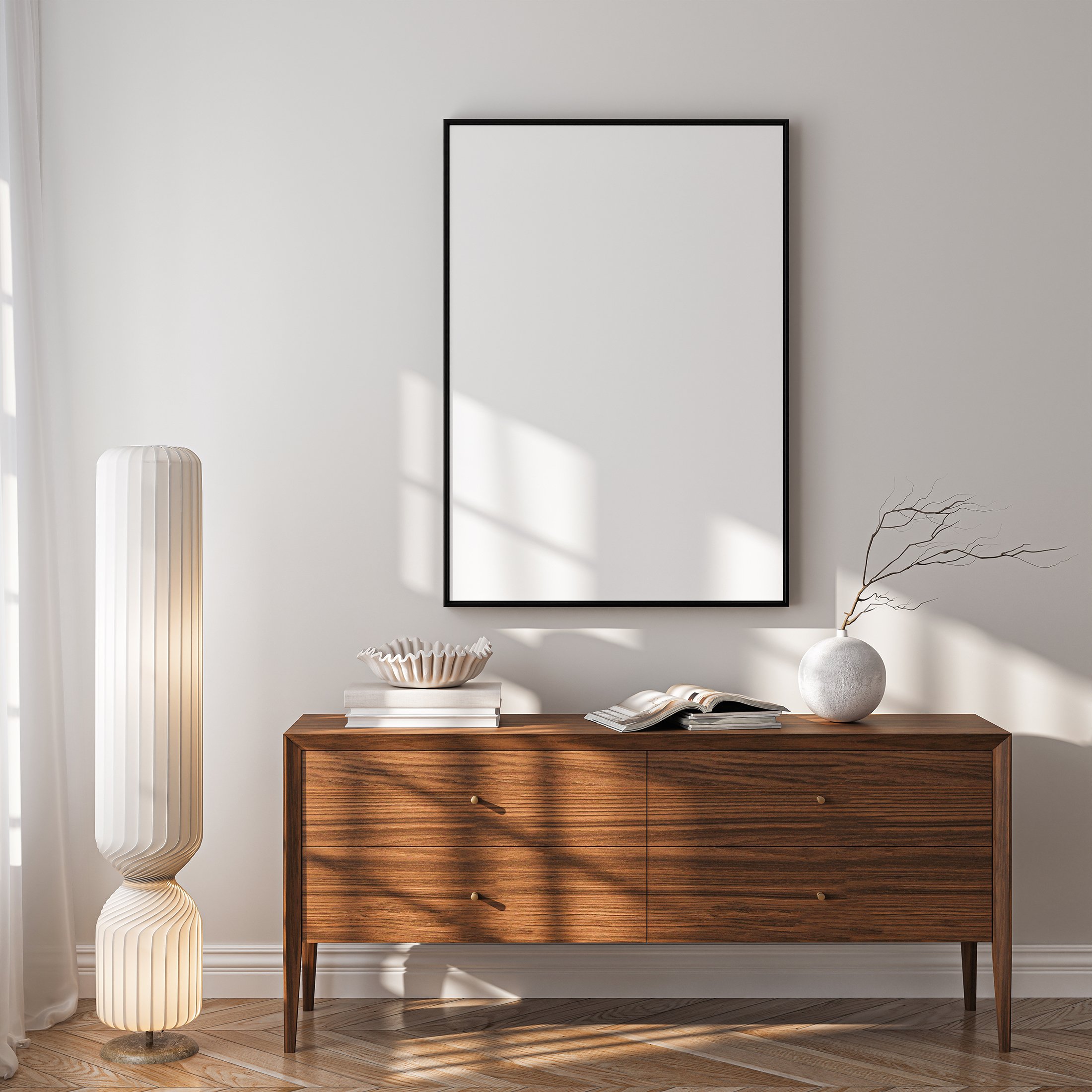 Frame mockup, ISO A paper size. Living room wall poster mockup. Interior mockup with house background. Modern interior design. 3D render