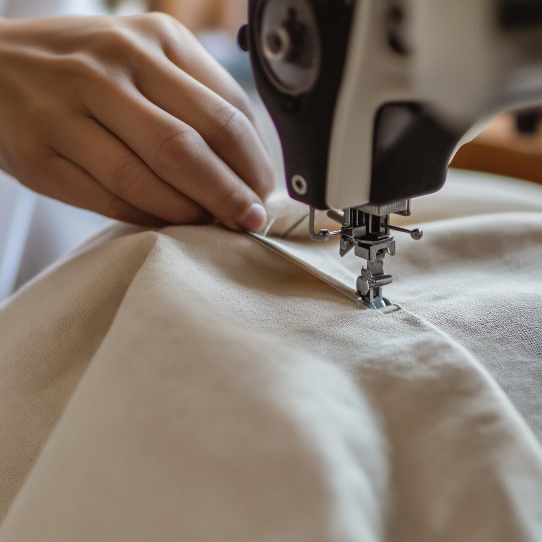 Close-up of hands sewing fabric with a sewing machine, focusing on precise stitching and fabric tension.