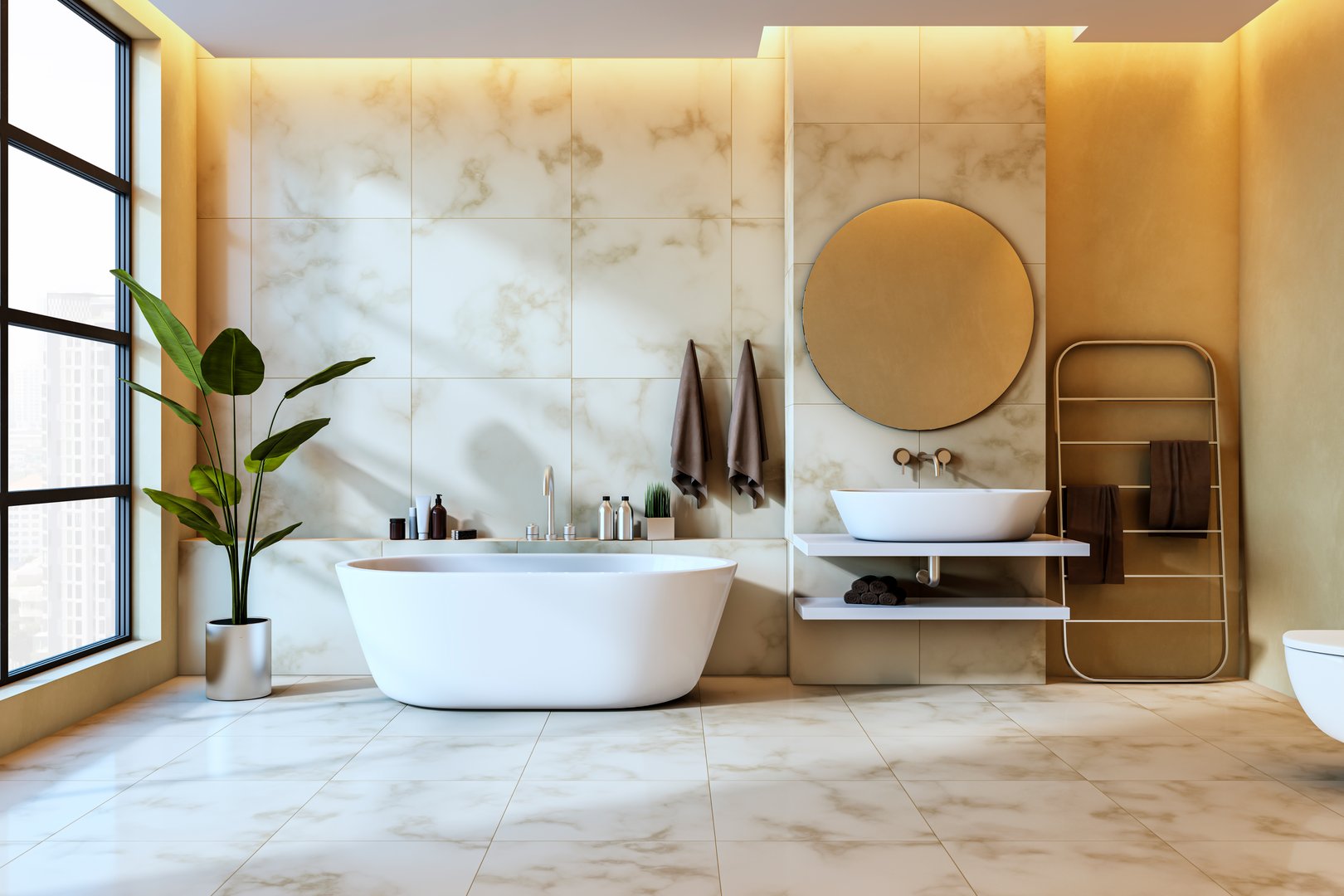 Stylish bathroom interior with marble walls, white bathtub, a round mirror, tropical plant, and sunlight entering through a large window. 3D Rendering.