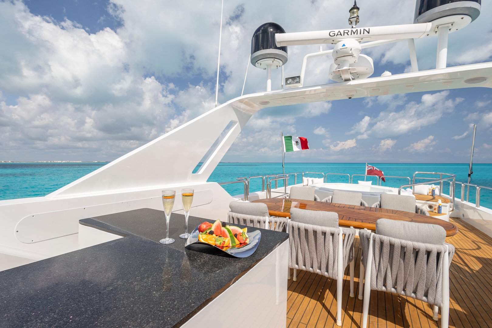Yacht luxury view at sea. Vacation on summer. Summertime motorboat tour. Luxury motor boat yacht.