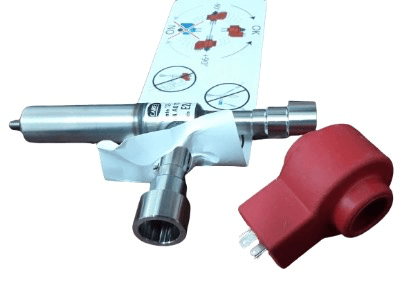 Metal automotive fuel injector with a red plastic cap and instruction sheet featuring diagrams.