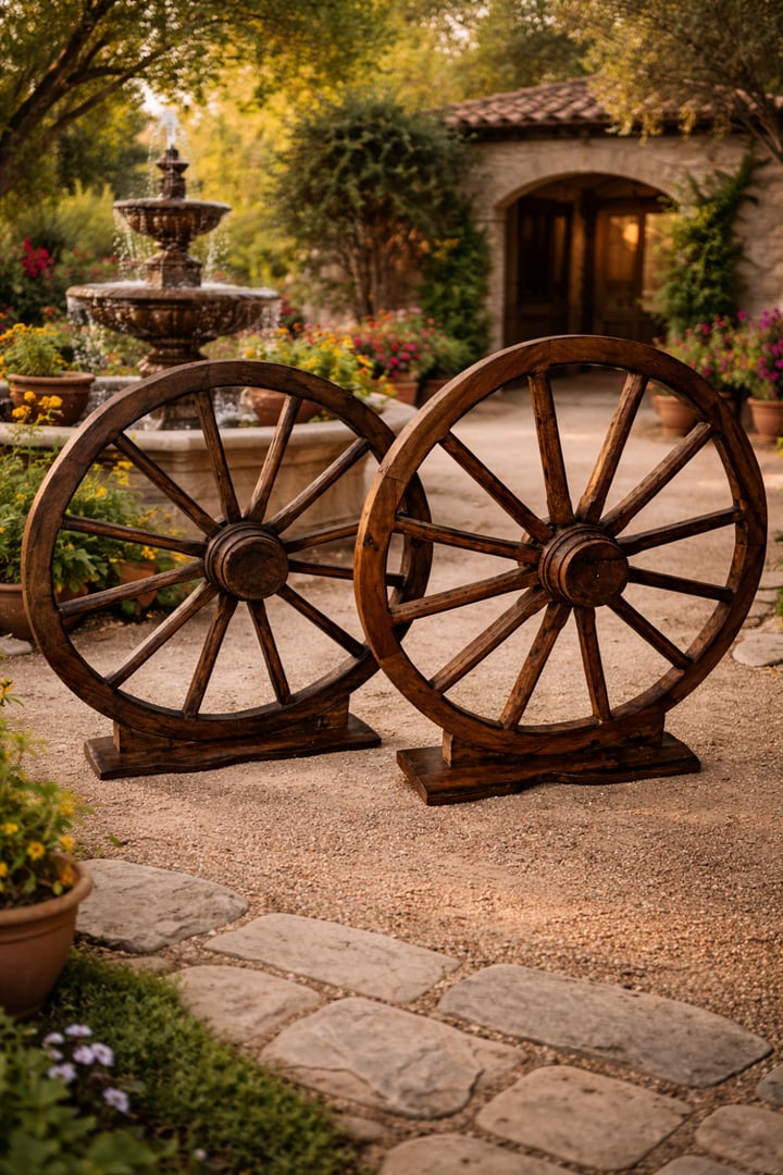 Par de ruedas de carreta en madera sólida con acabado envejecido, montadas sobre bases estables para exhibición