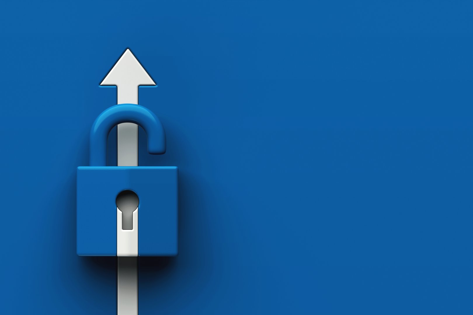 Minimal icon featuring open blue padlock with white upward arrow passing through it, symbolizing security, access, or unlocking new opportunities, digital access, data protection, 3d rendering