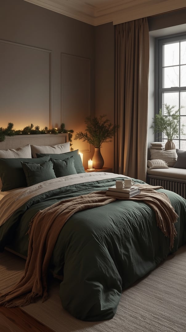 Scandinavian winter cozy bedroom with Christmas lights, decor and Christmas tree in a warm atmosphere