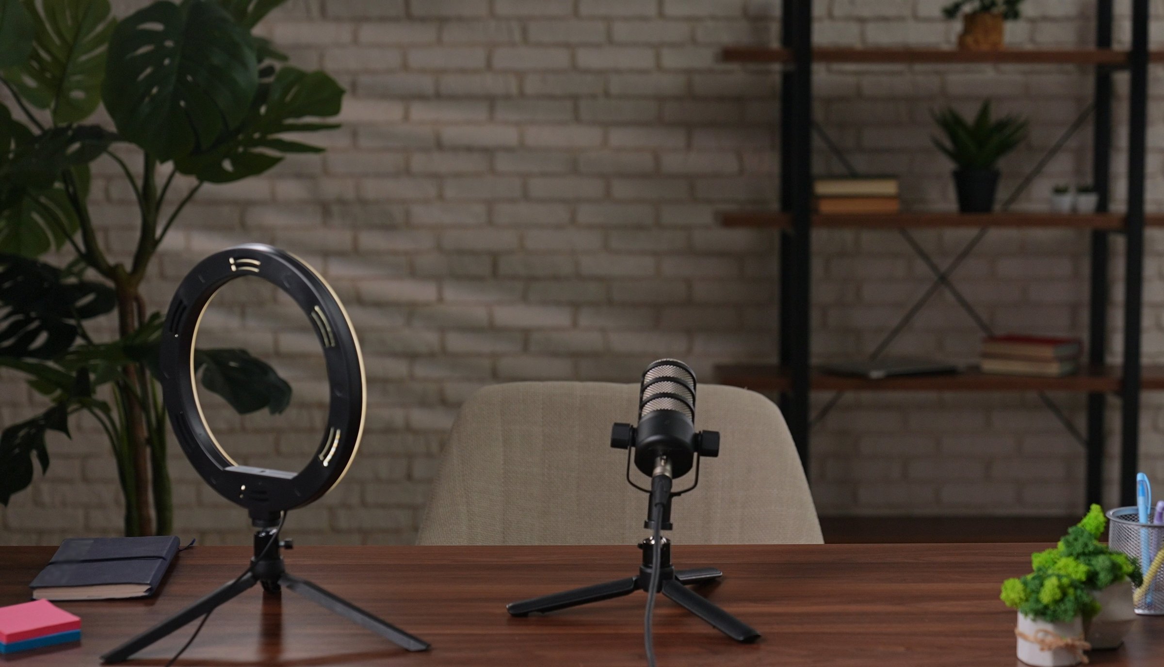 Bright studio for interview or expert video. Business concept for recording video blogs or media content. A microphone stands at the ready, reflecting the essence of digital storytelling.