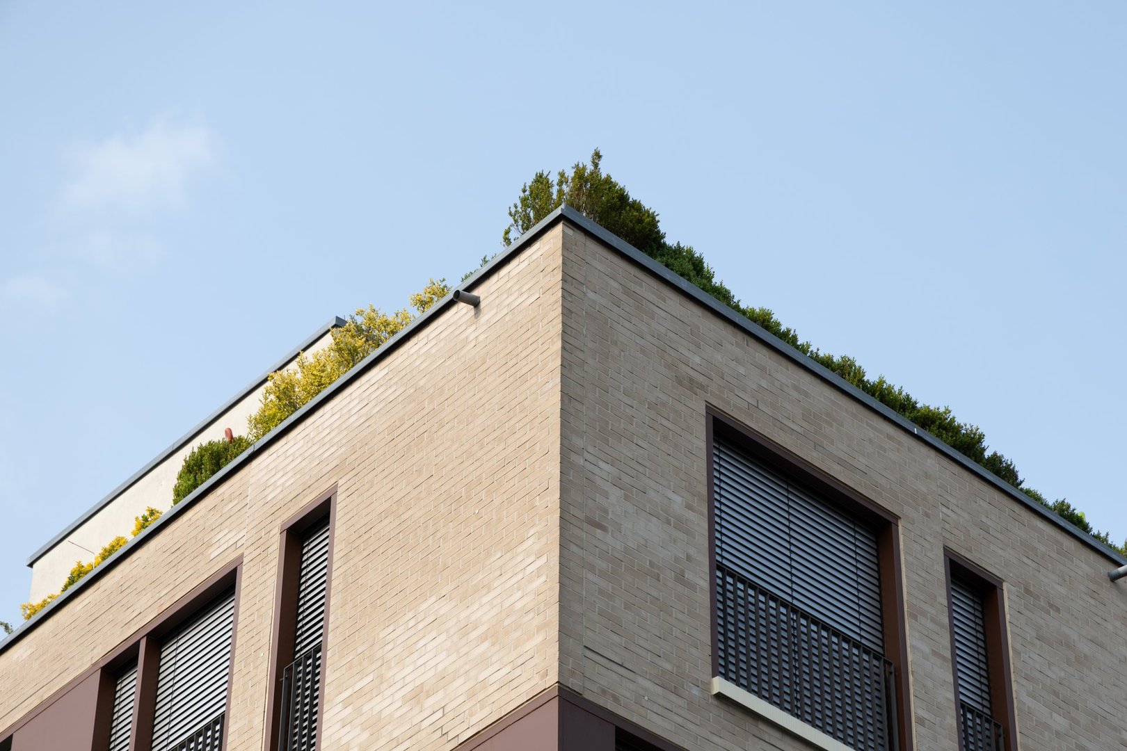 Corner view of a modern brick building featuring a rooftop garden against a clear blue sky.