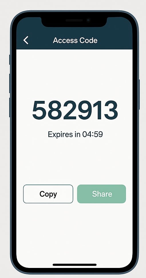 Access code screen displaying time-expiring unlock code with countdown timer and court access instructions