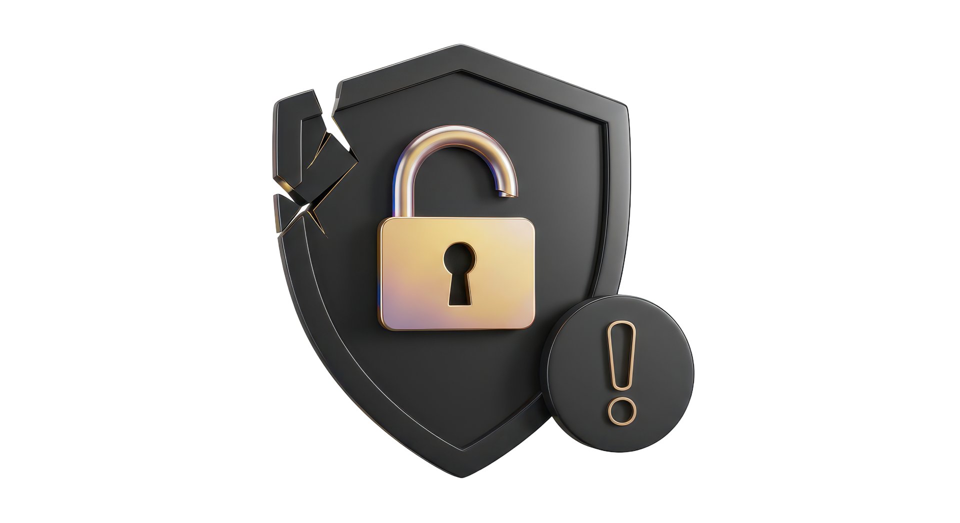 Isolated Broken Security Shield with Open Padlock Alert