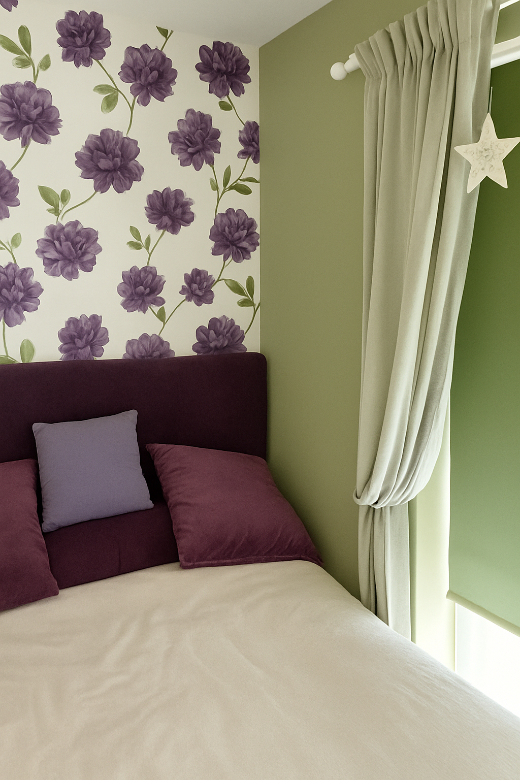 A cozy bedroom with purple floral wallpaper, purple pillows, green walls, and light curtains with a star decoration.