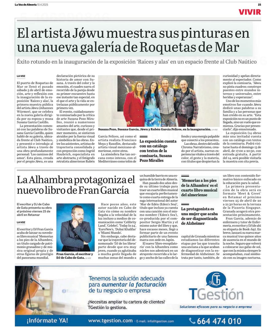 Newspaper page featuring an art exhibition article and a group photo with a colorful abstract painting.