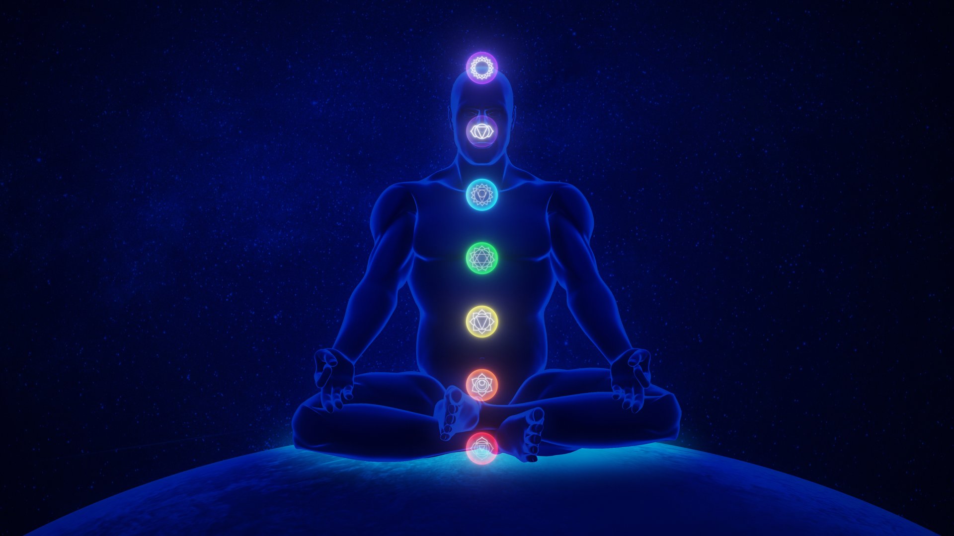 A stylized silhouette of a human figure is shown seated in Padmasana (lotus position) against a dark, cosmic-themed background, representing a meditative state. The image features seven glowing energy centers aligned along the spine, each corresponding to one of the traditional chakras from the red Root Chakra at the base to the violet Crown Chakra at the top. Each chakra is illustrated with its distinct color and position, emphasizing spiritual energy flow, balance, and holistic well-being.