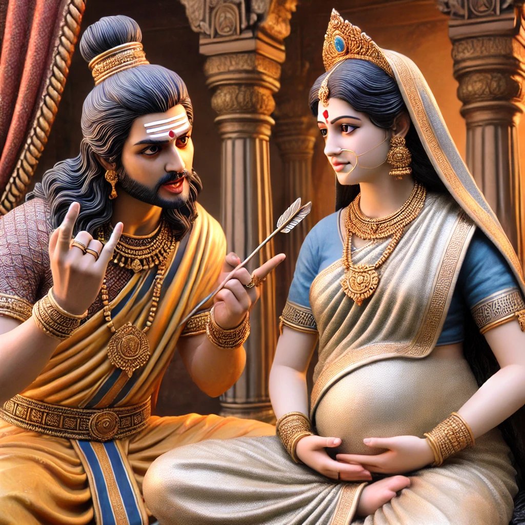 Classical statues of a seated pregnant woman and a man in traditional attire engaged in conversation, adorned with jewelry.