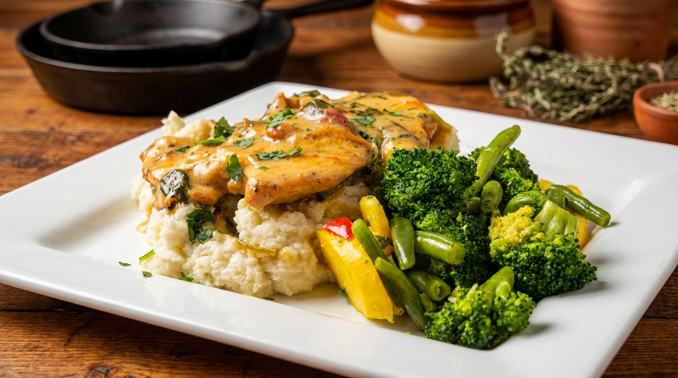 Tuscan Chicken over Mashed Potatoes