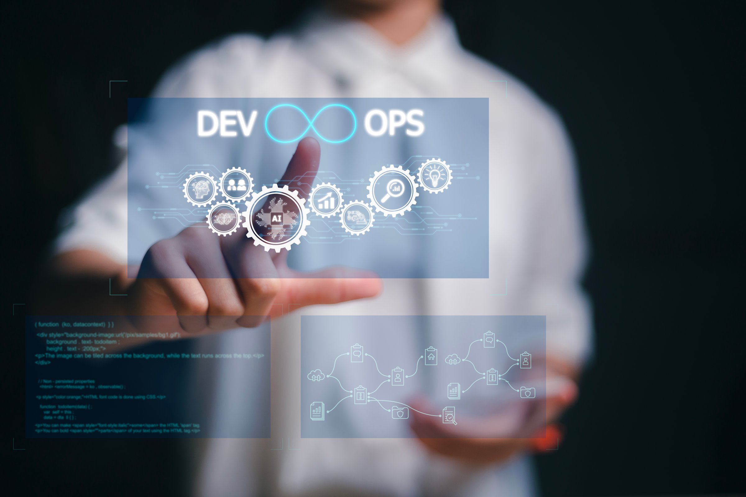 Agile programming and DevOps concept. Engineer working the virtual screen. IT operations, high software quality, and software development.