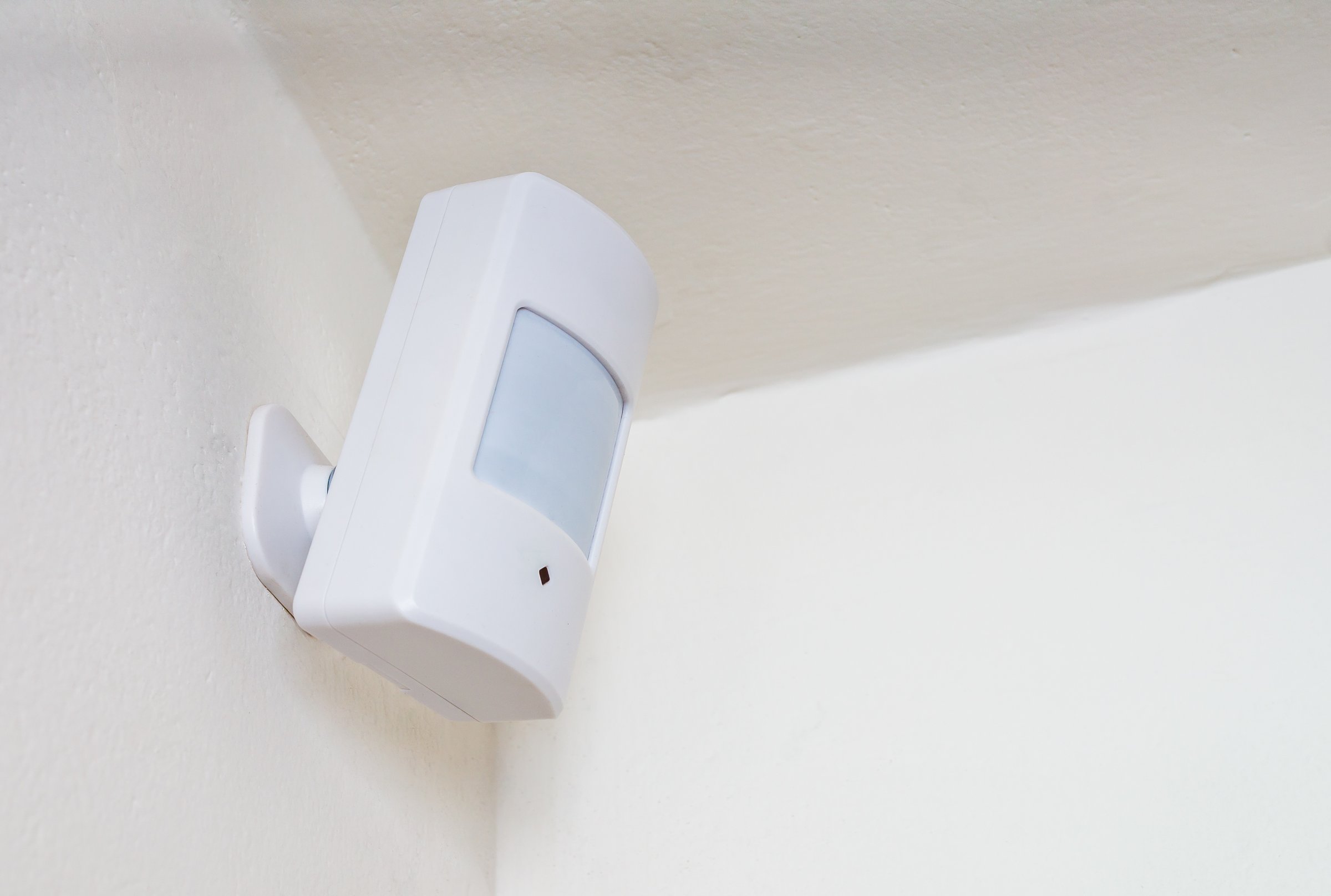 Motion sensor or detector for security system mounted on wall.