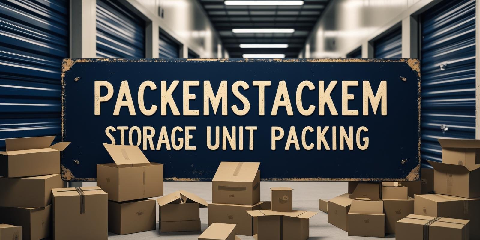PackEmStackEm Storage Unit Packing sign with dark blue background, packing boxes, and storage unit background scene
