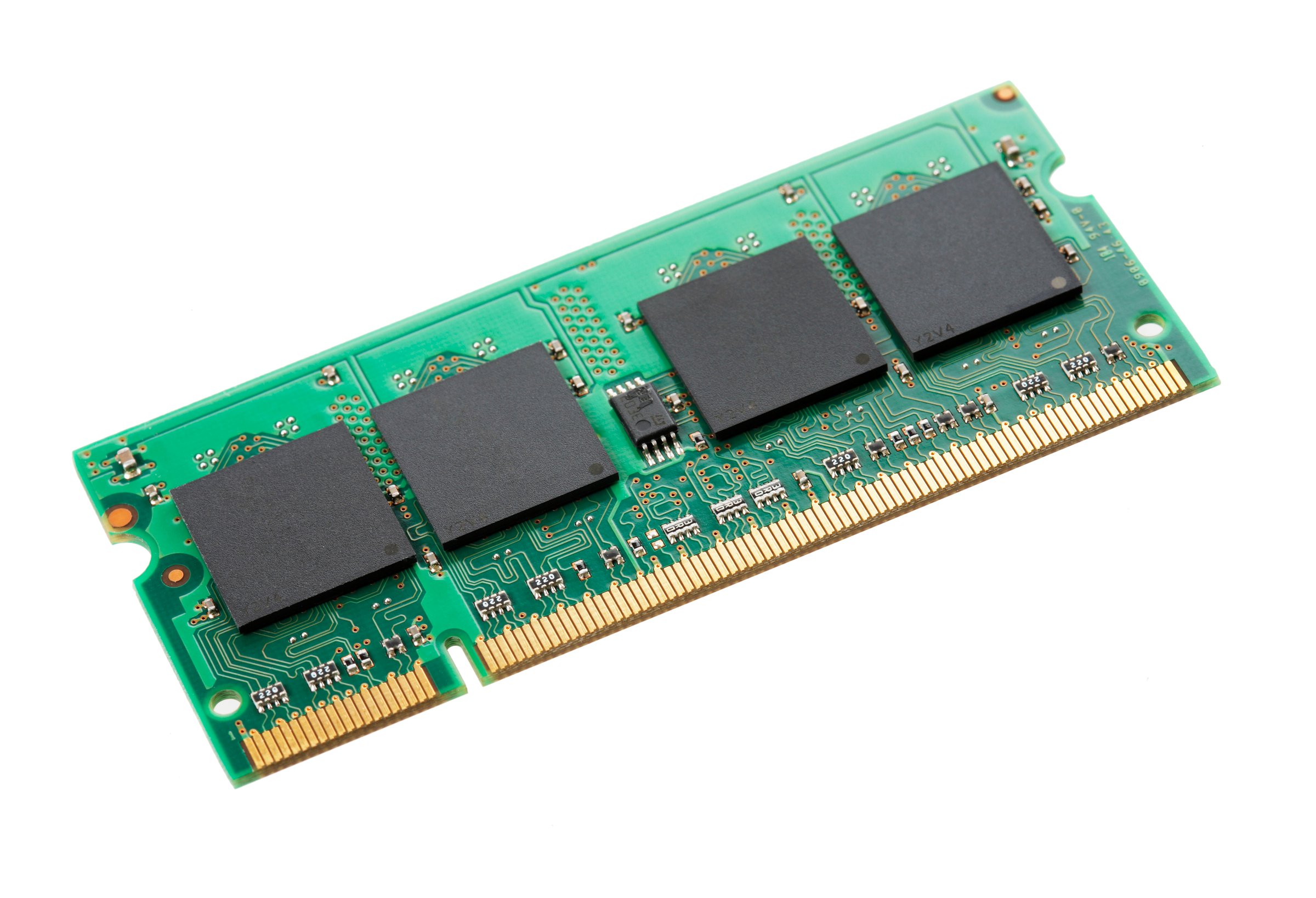 Close-up of a green RAM module with black chips and gold connectors, isolated on a white background.