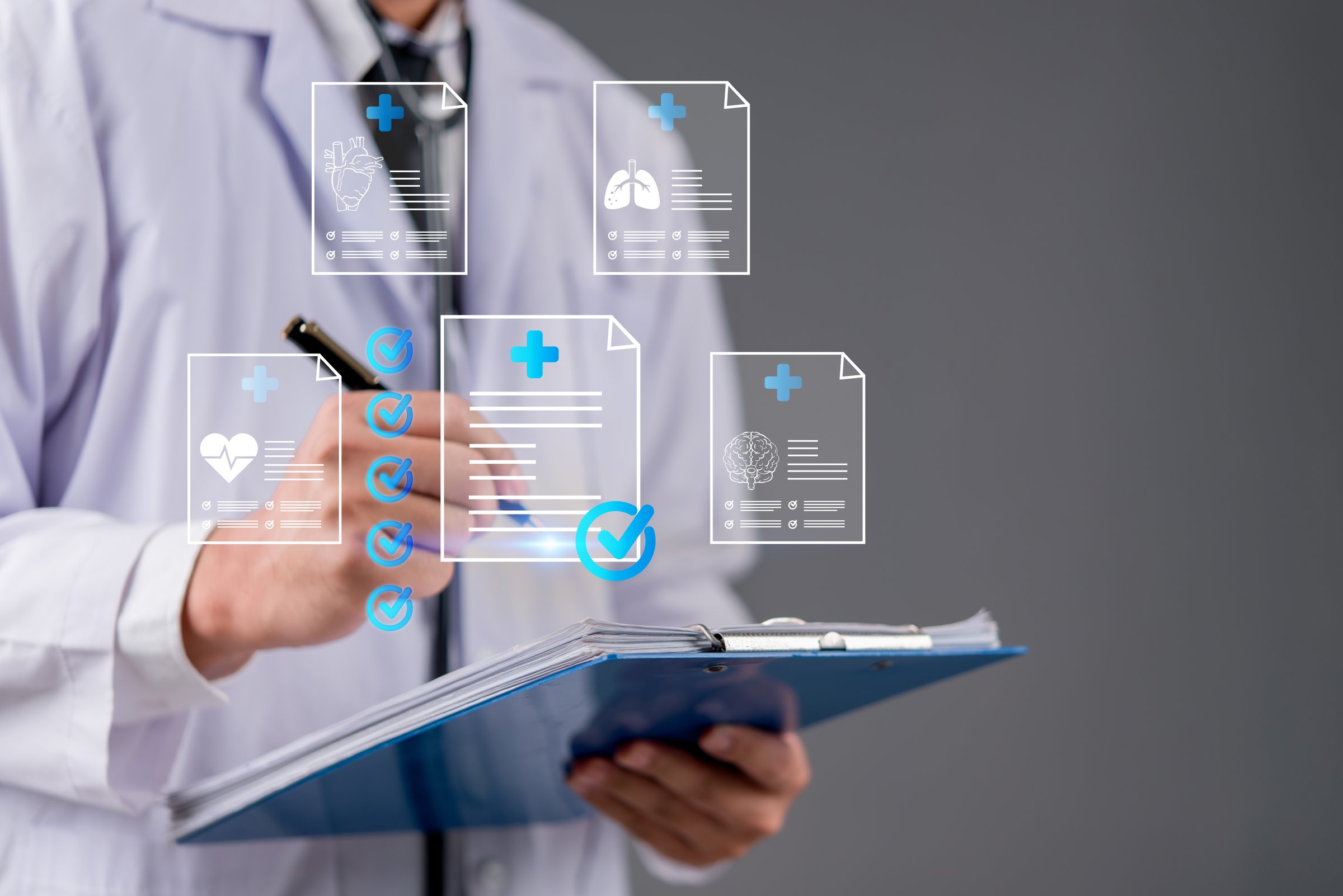 Doctor analyzing digital health patient data medical record EHR information, clinical data, checklists and organ diagnostics reports