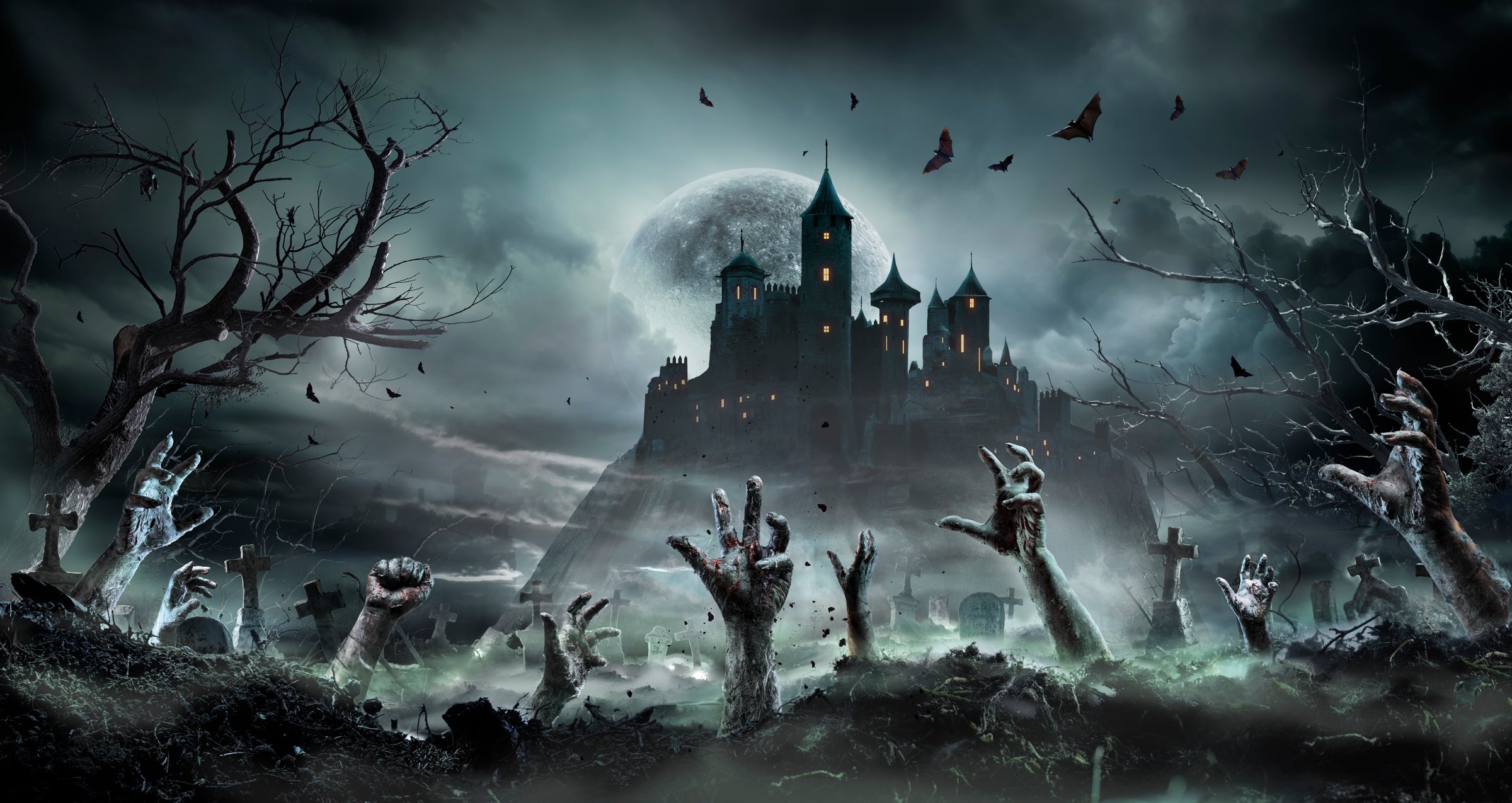 Arms Zombie Rising Out Of A Graveyard With  Medieval Castle At Night