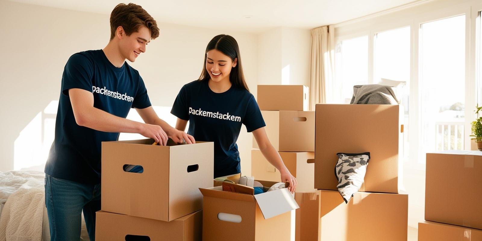 PackEmStackEm team members - one guy and one girl packing moving boxes in home bedroom with dark navy blue shirts