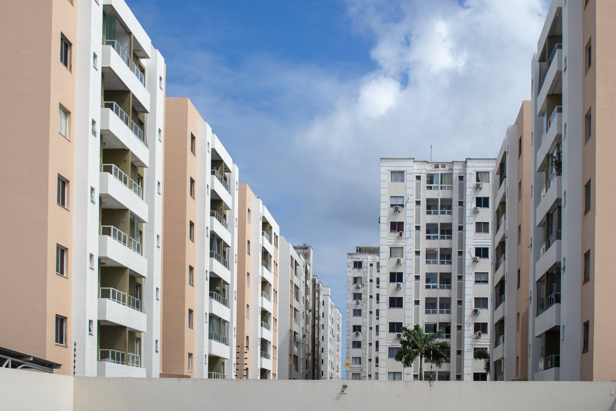 residential buildings in a gated community with security.