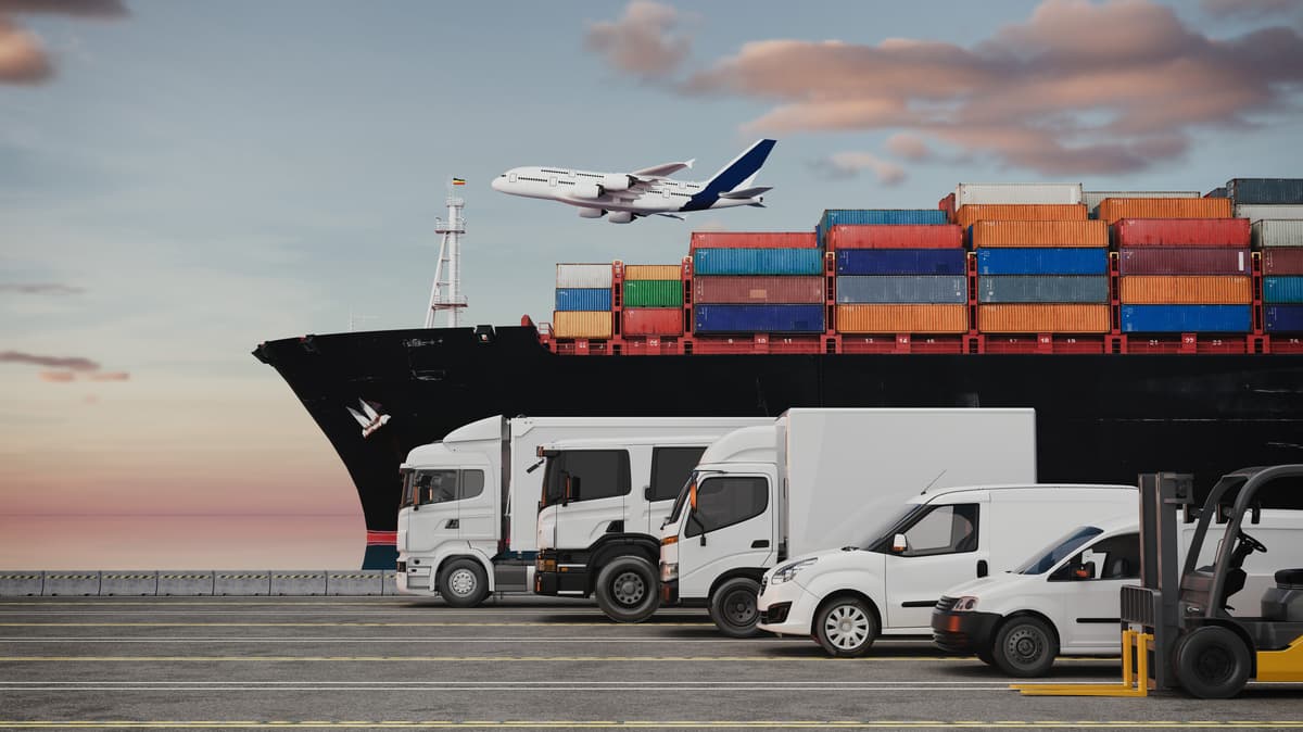 3D illustration of cargo ship, delivery trucks, and airplane, symbolizing global logistics, international shipping, and transport infrastructure.