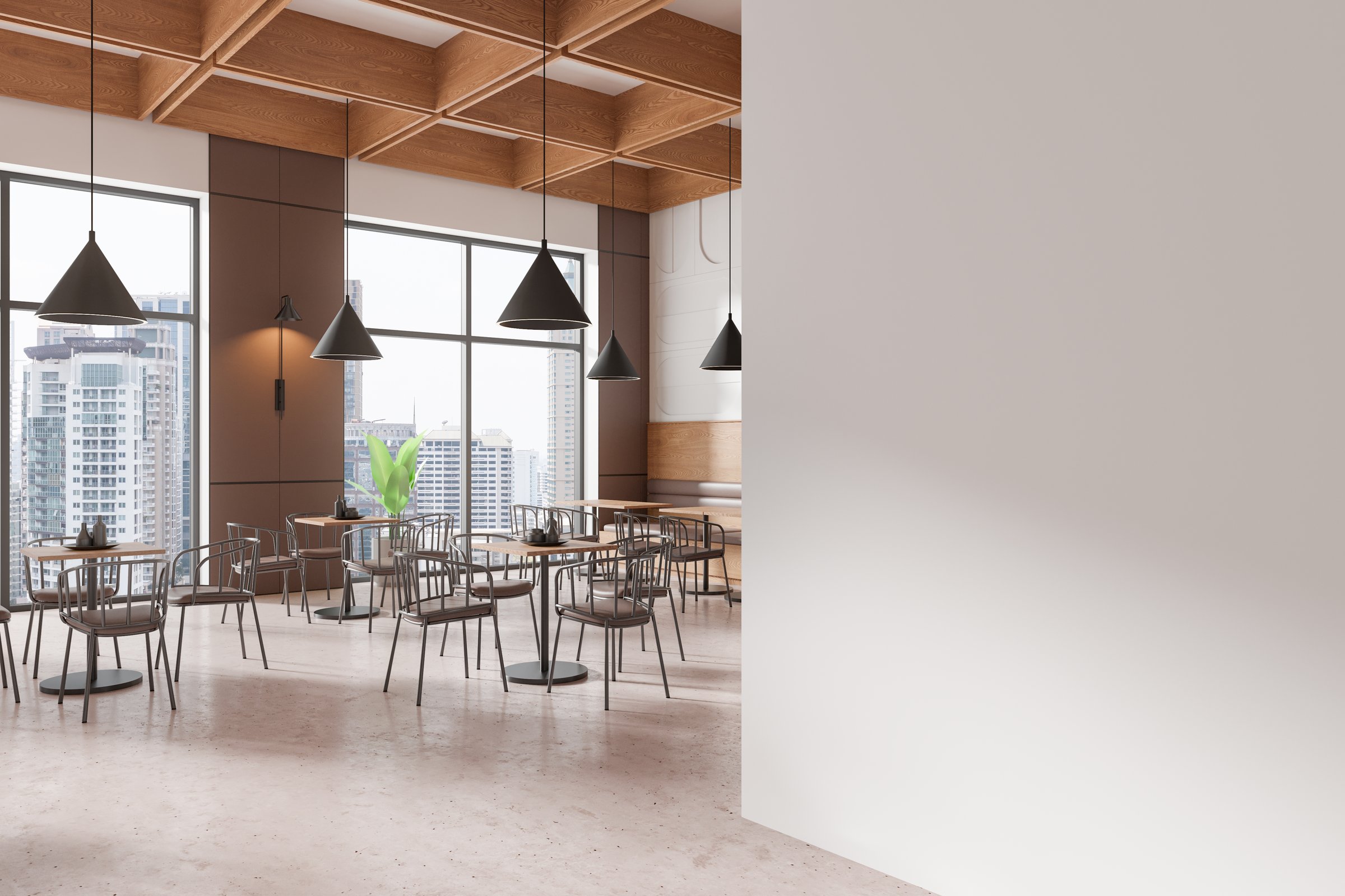 Blank wall mockup in modern restaurant interior with large windows, black hanging lamps, wooden ceiling, and city view. 3D Rendering