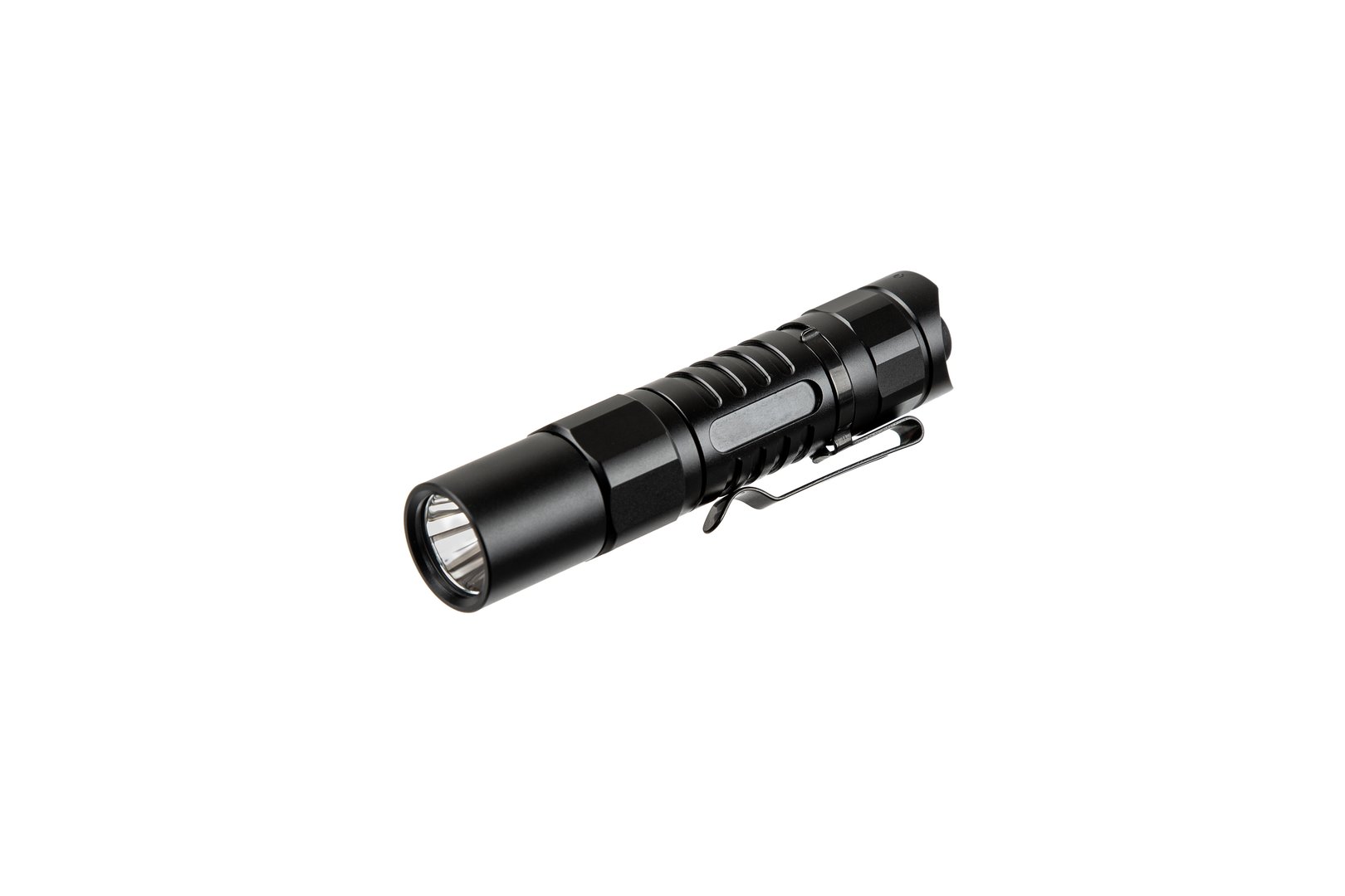 Black tactical LED flashlight with pocket clip