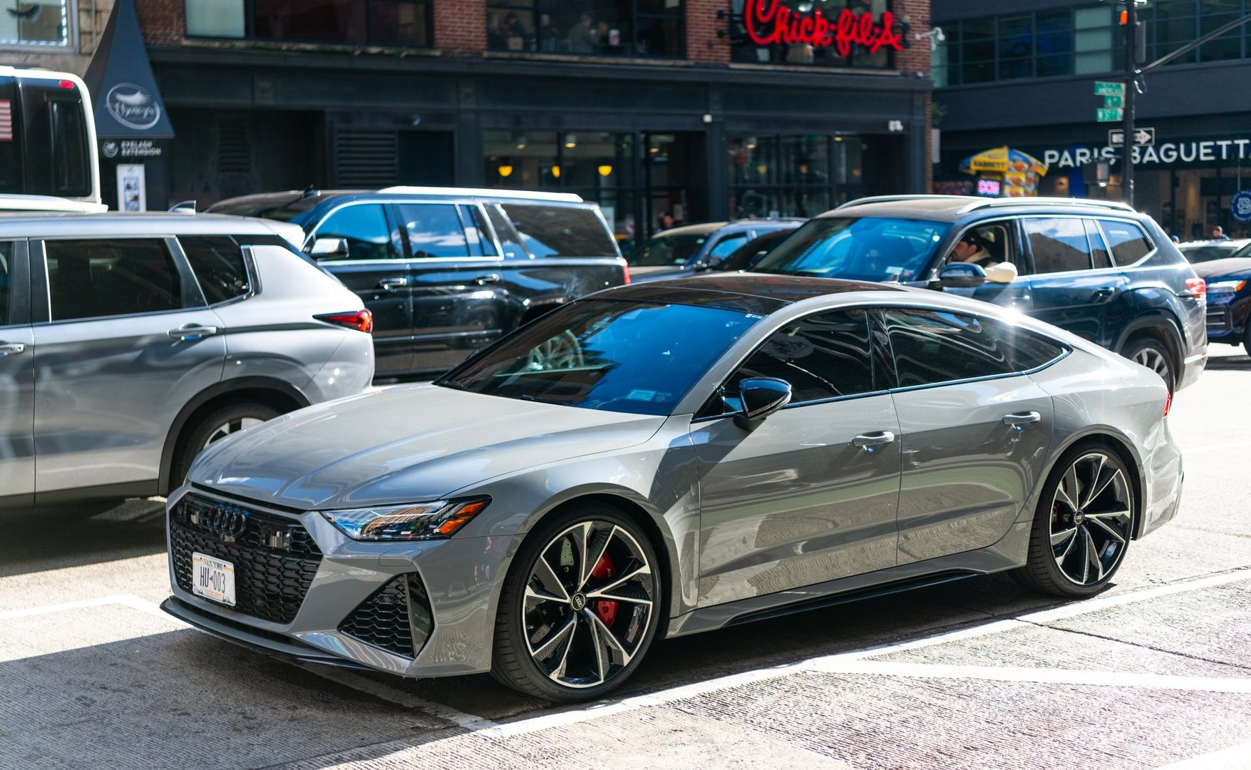 New York City, USA - November 11, 2023: 2021 Audi RS7 sportback car silver color, side view.
