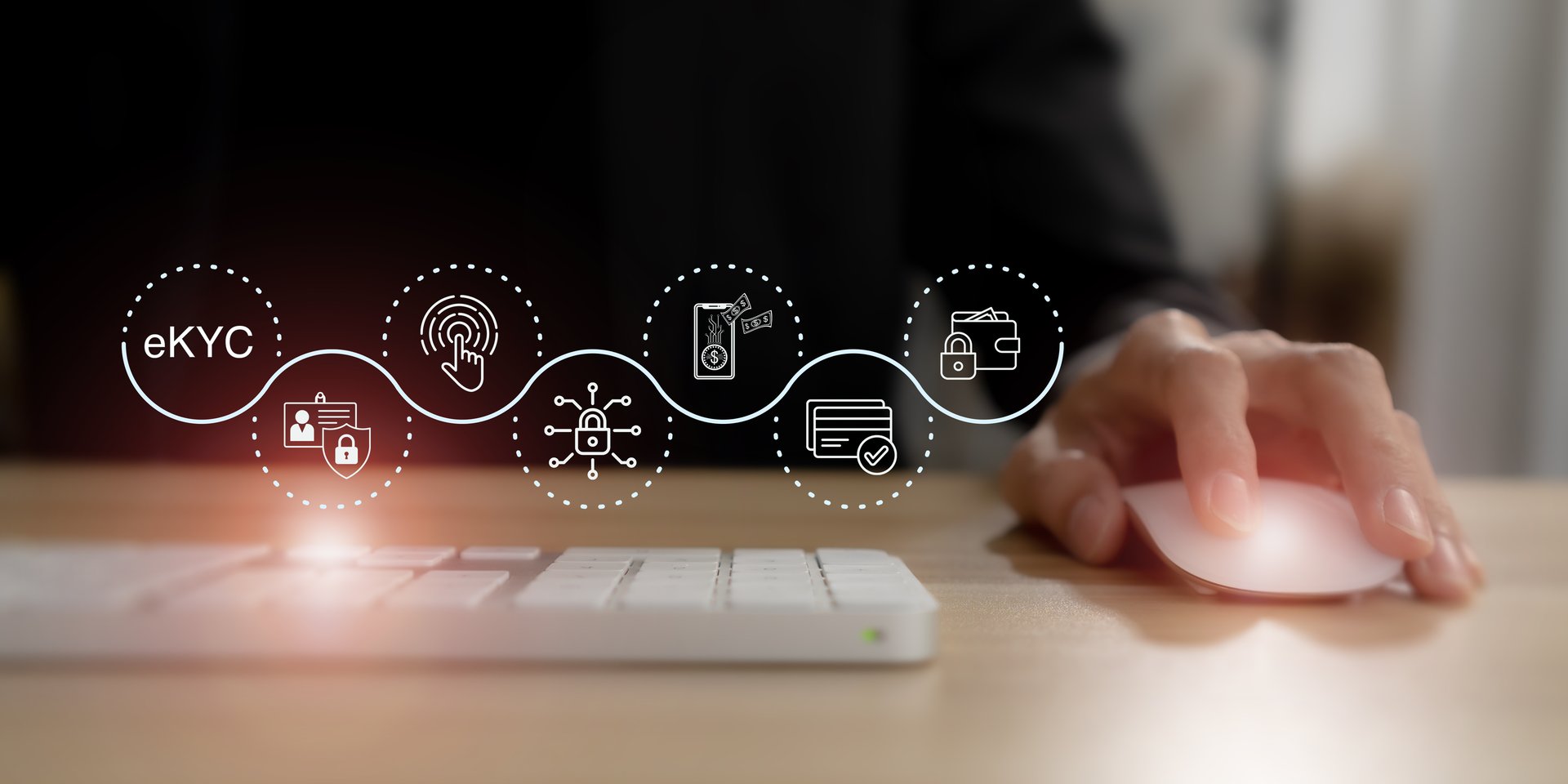 eKYC digital identity verification in fintech concept. Using mouse computer with displaying  eKYC (electronic Know Your Customer) icon. Secure digital transactions and banking solutions, cybersecurity