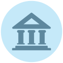 Icon of a classical building with columns, representing an institution or museum, in a blue circle.